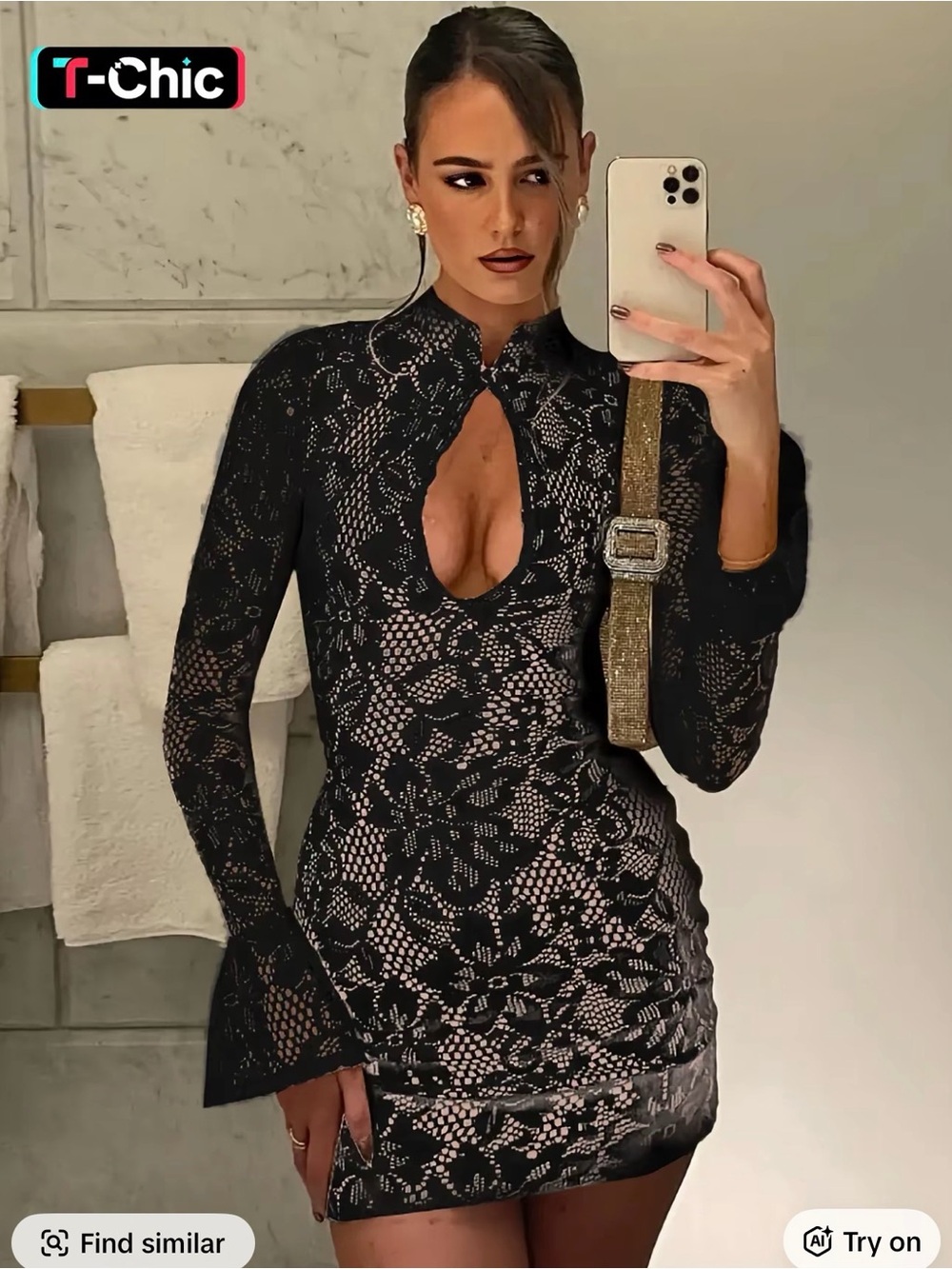 chic Black Lace Keyhole Mini Dress with Nude Lining